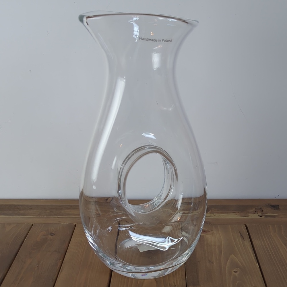 (NEW) Handmade in Poland Clear Glass Donut Hole Wine Pitcher Decanter